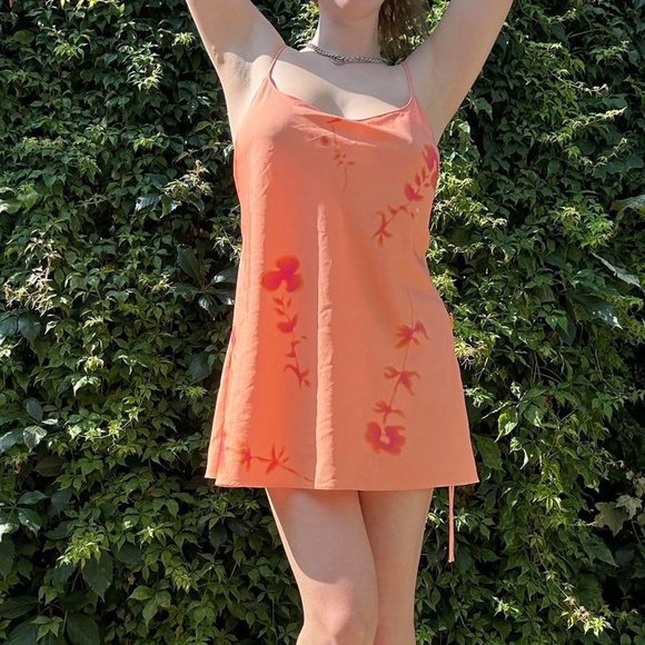 Orange and pink floral mini slip dress with lace up side and low back - Picture 7 of 8